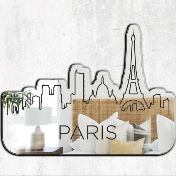 "Irregular-shaped mirror featuring a Paris city design"