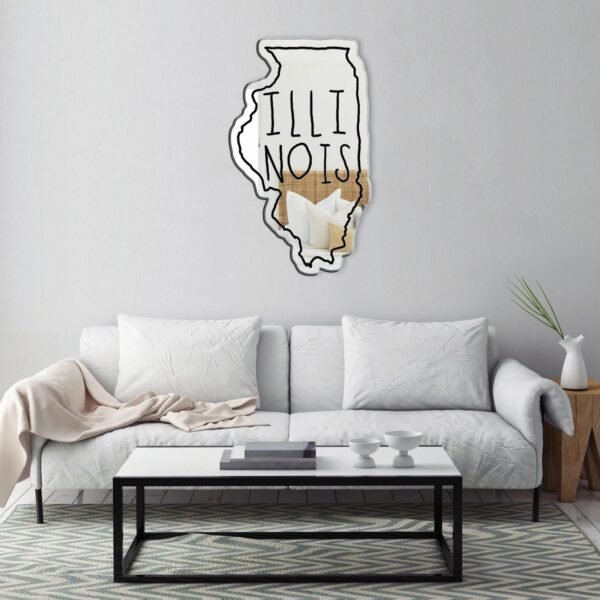 "White irregular mirror featuring 'Illinois' text design"