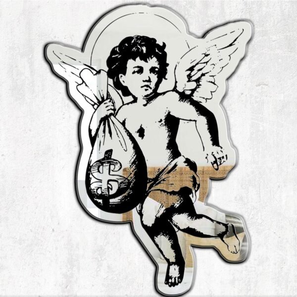 "Mirror featuring an angel design"