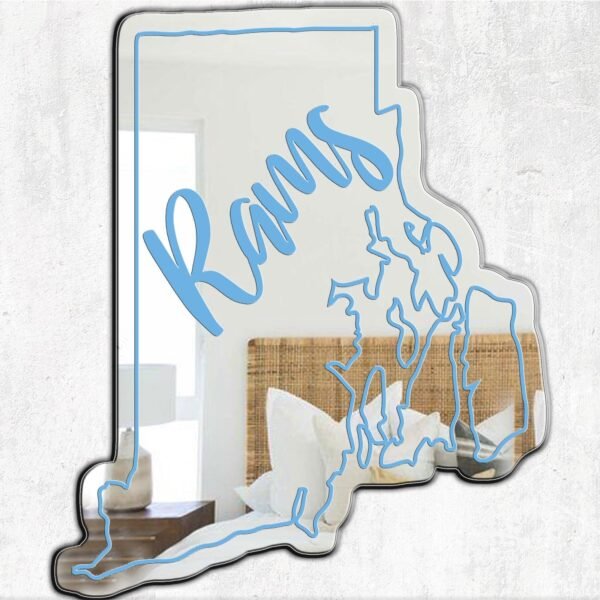 "Mirror featuring the design of the Rhode Island Rams logo"