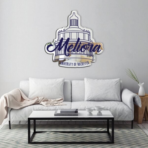 "Mirror featuring the Meliora emblem with Rush Rhees Library design"