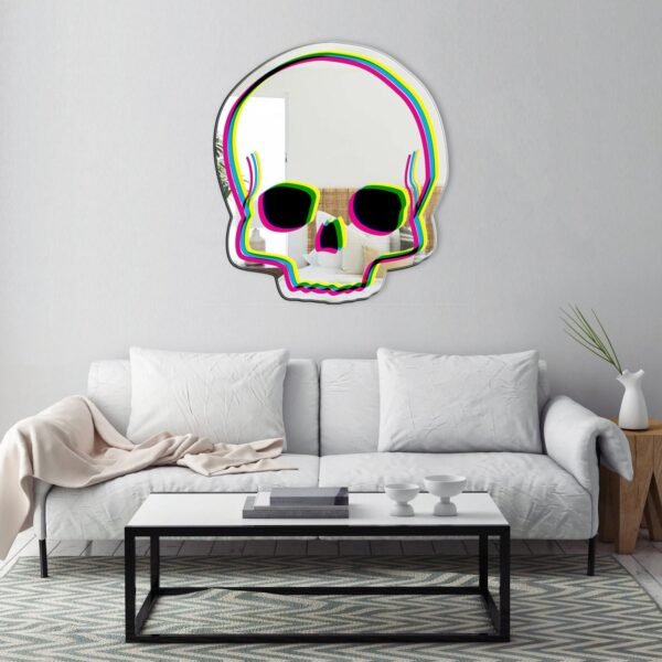 Adhesive mirror featuring a neon skull design