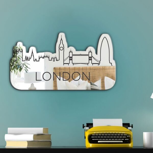 Adhesive mirror featuring a design inspired by the city of London