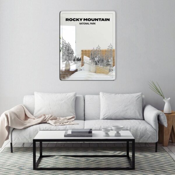 Adhesive mirror featuring a design inspired by the Rocky Mountains