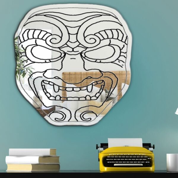 Mirror featuring an artistic design of a samurai mask