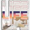 Mirror featuring garden-inspired text 'Life' with custom-painted colorful design
