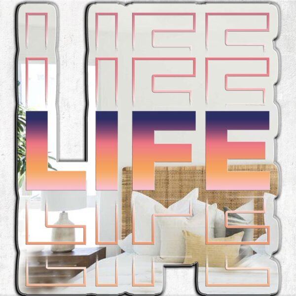 Mirror featuring garden-inspired text 'Life' with custom-painted colorful design