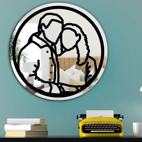 Mirror featuring a minimalist custom-painted drawing of Claire and Jamie Fraser from Outlander