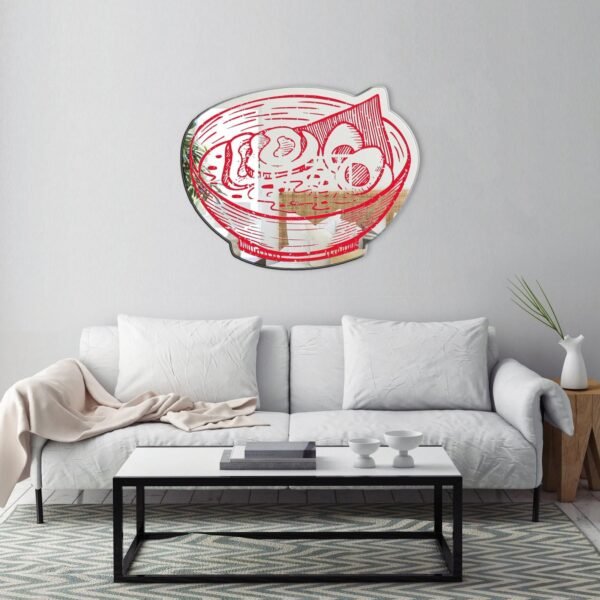 Mirror featuring a unique painted design of pork ramen with kanji characters in red