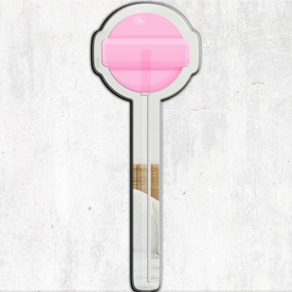 Mirror featuring a design inspired by a pink Dum Dum lollipop candy