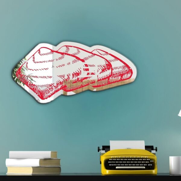 Mirror featuring a unique painted design of a tuna sashimi sushi set with kanji characters in red