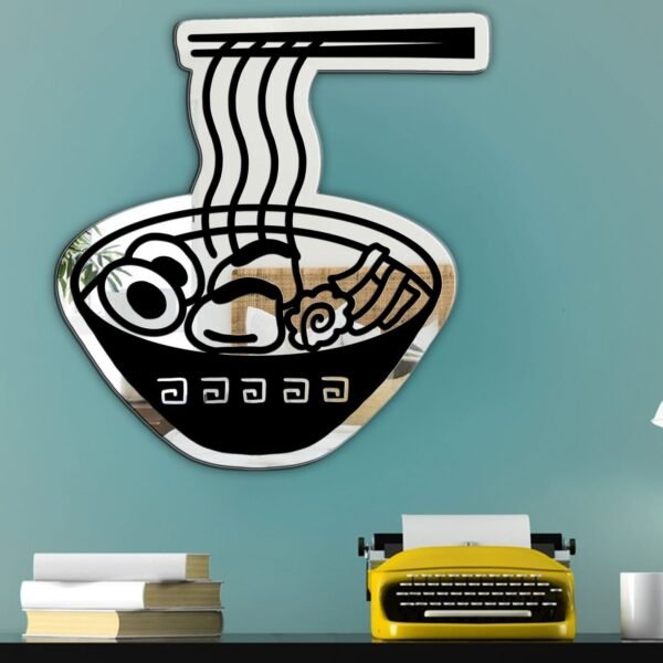 Mirror featuring a simple black and white contemporary ramen art design