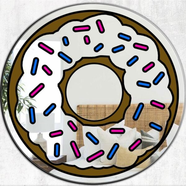 Mirror featuring a drawing of a donut with pink and blue sprinkles printed on it