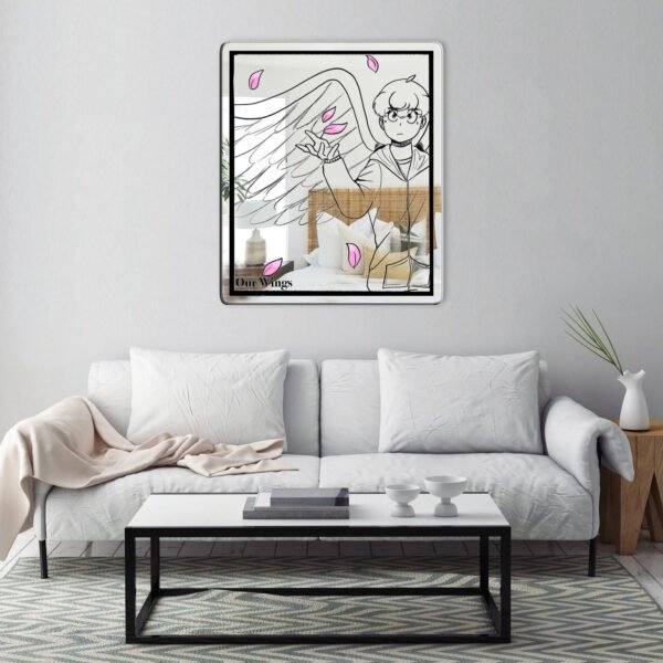 Mirror featuring a stylish black design of Takeshi Tenshi with cherry blossoms, titled 'Our Wings