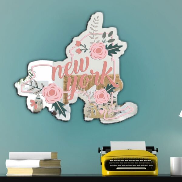 Mirror featuring the outline of New York state with a floral design