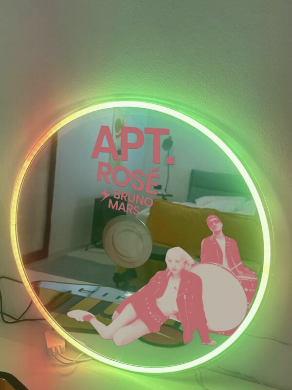 RGB LED neon CD-shaped mirror inspired by Rose from BLACKPINK and Bruno Mars, featuring the song 'APT,' a perfect gift for fans.