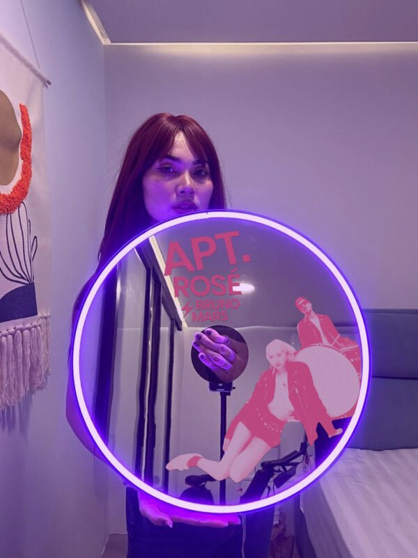 CD-shaped mirror with RGB LED neon lights inspired by Rose from BLACKPINK and Bruno Mars, featuring the song 'APT,' perfect for stylish home decor