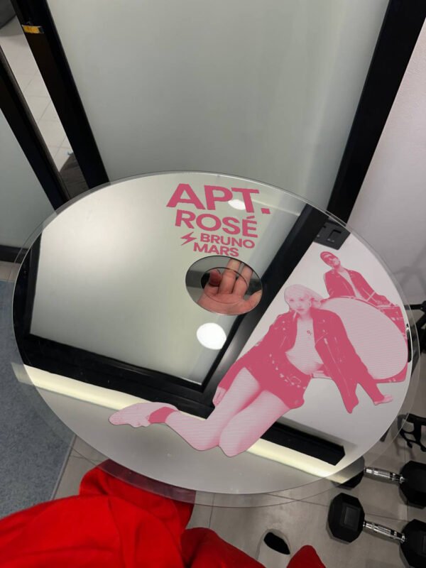 CD-shaped mirror inspired by Rose from BLACKPINK and Bruno Mars, perfect for home decor and wall art, available in 13-inch and 20-inch sizes