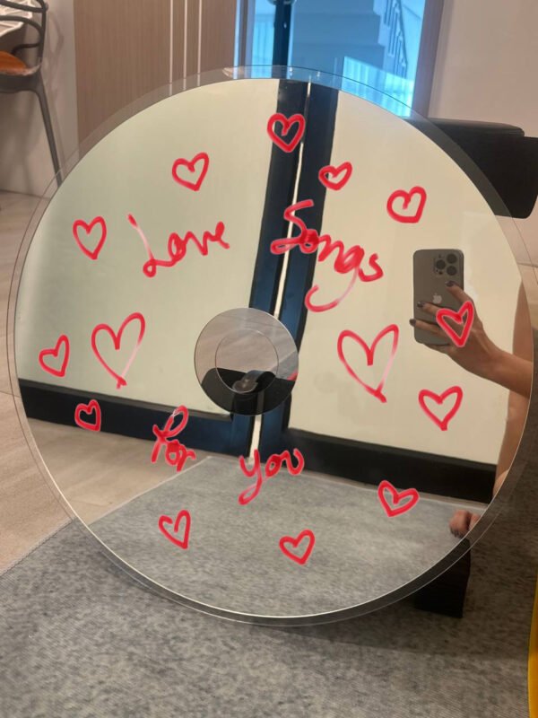 Handcrafted Love Songs CD mirror featuring red hearts and personalized text, ideal for romantic spaces