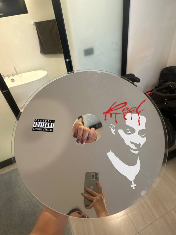 Playboi Carti Whole Lotta Red CD-shaped mirror with bold album art and sleek acrylic design, perfect for modern decor