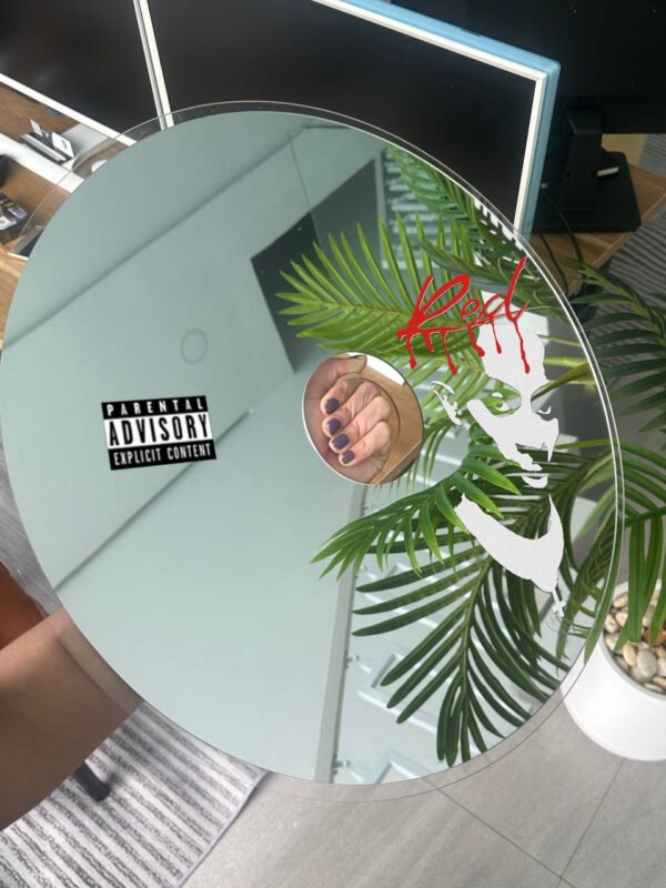 A minimalist Whole Lotta Red mirror featuring Playboi Carti’s iconic album art on a sleek mirrored surface