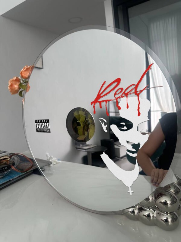 Stylish CD-shaped mirror with Playboi Carti's Whole Lotta Red album art, ideal for modern interiors