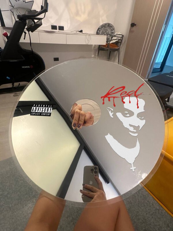 Playboi Carti Whole Lotta Red CD-shaped mirror with clear acrylic backing and striking red album art design.