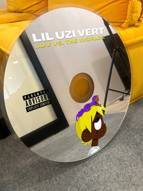 Modern CD-shaped mirror featuring Lil Uzi Vert’s Lil Uzi Vert vs. The World 2 album artwork on a clear acrylic backing