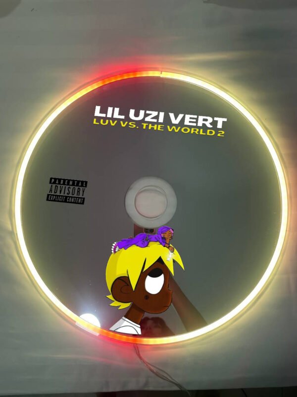 RGB neon-lit Lil Uzi Vert vs. The World 2 CD mirror featuring iconic album art and a sleek acrylic backing