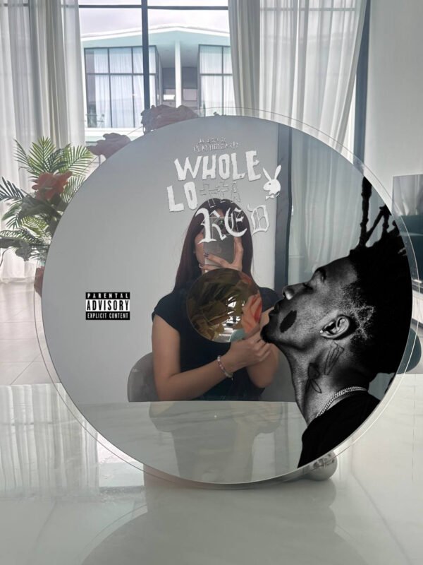 Playboi Carti Whole Lotta Red CD-shaped mirror with clear acrylic backing and striking album art design.