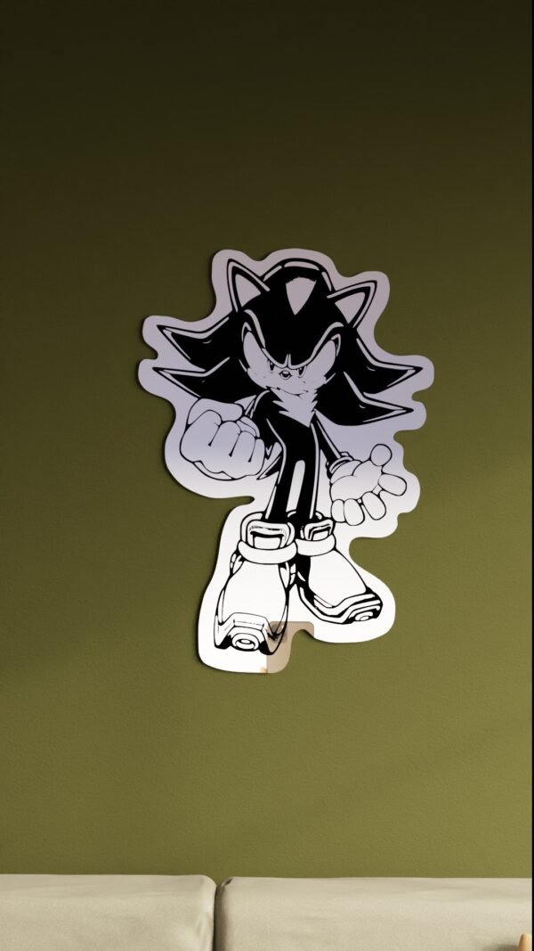Front view of Shadow the Hedgehog power-stance mirror on an olive-green wall