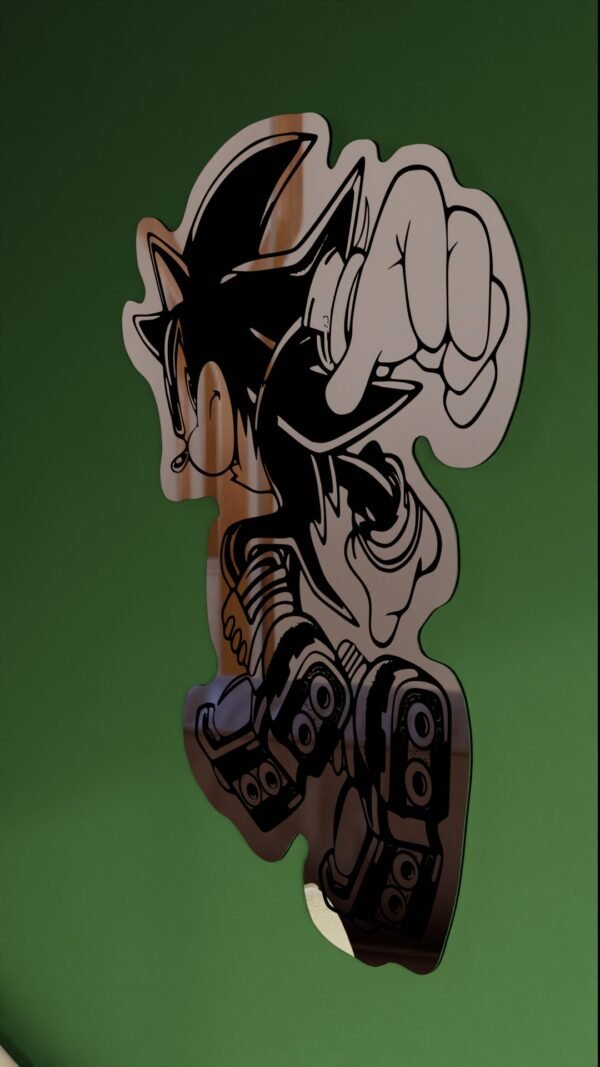 Shadow the Hedgehog dynamic jump-pose adhesive acrylic wall mirror with black PVC backing on green textured wall