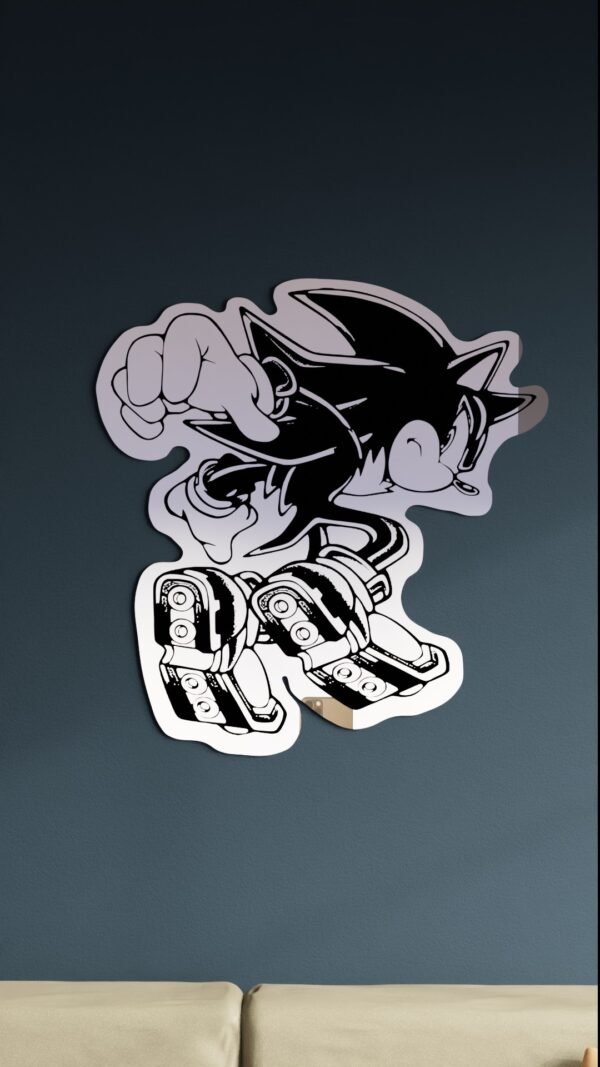 Front view of Shadow the Hedgehog jump-pose mirror mounted on a blue wall.