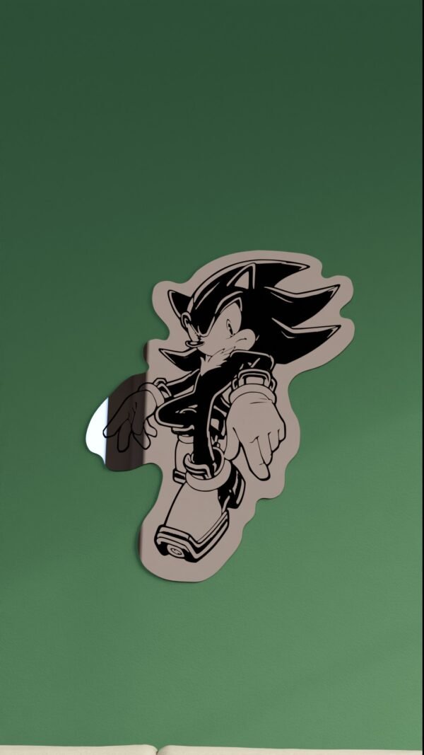 Front view of Shadow the Hedgehog adhesive wall mirror mounted on a green wall.