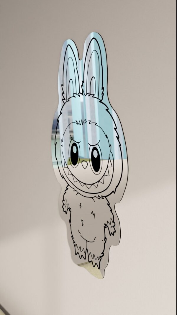 Full body Labubu wall mirror featuring a smiling bunny-like character with fluffy fur and big eyes in reflective acrylic